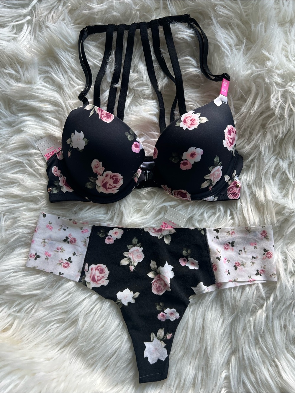 Pink • Floral Strappy Black Push-Up Bra & Thong Set - Pink Rose Print